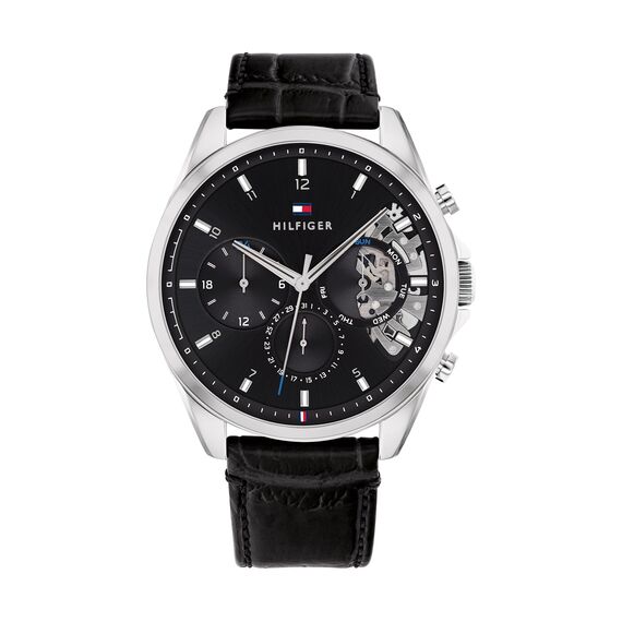 Tommy Hilfiger Multi Zifferblatt Quarz Uhr für Herren mit Schwarzes Lederarmband - 1710449