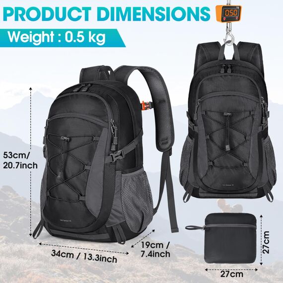 RAINSMORE Wanderrucksack Herren Damen 40L Wasserdichter Rucksack Leicht Groß Reiserucksack Trekkingrucksack mit Reflexstreifen Für Klettern Radfahren Bergsteigen Reisen Schwarz