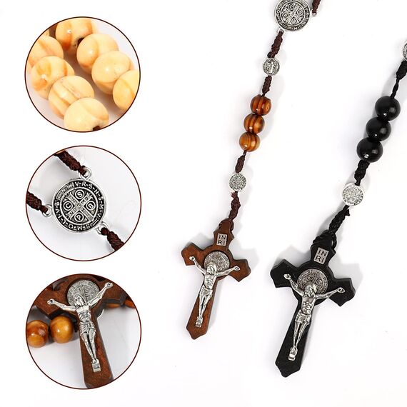 Runmeihe Katholisches Kreuz Rosenkranz Halskette, Naturholz Gebetskette mit Medaille Kreuz Jesus Christus Heiliger Benedikt, für katholische Christen Religiöse Kommunion, Taufe, Messe, Bibel