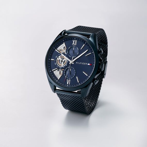 Tommy Hilfiger Multi Zifferblatt Quarz Uhr für Herren mit Blaues Edelstahl-Mesh-Gliederarmband - 1710648