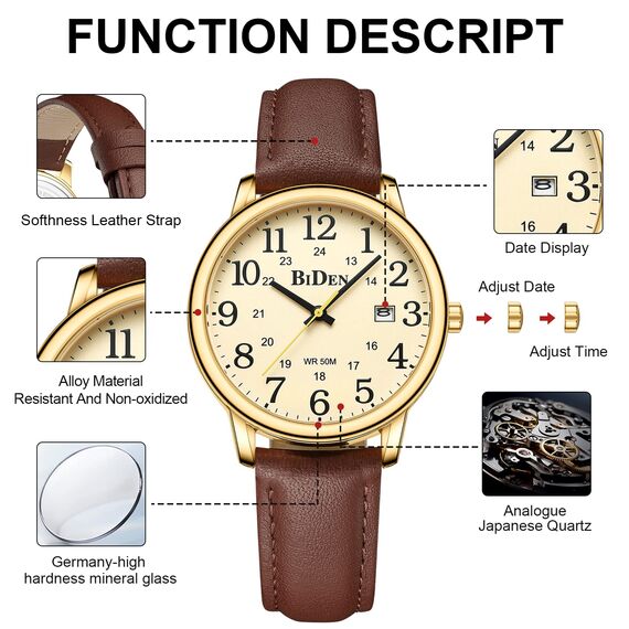 HANPOSH Uhren Herren Herren Uhr Analog Quarz Uhren für Männer Wasserdicht Armbanduhren Mode Business Uhr mit Datum Leder Band