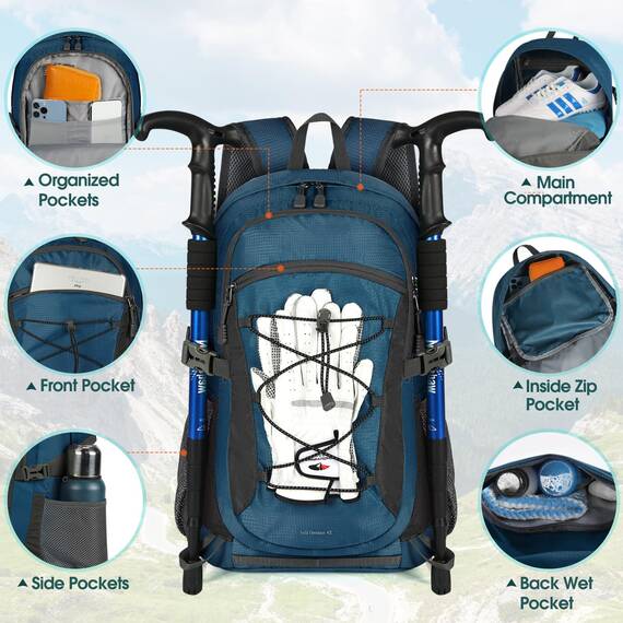 RAINSMORE Wanderrucksack Herren Damen 40L Wasserdichter Rucksack Leicht Groß Reiserucksack Trekkingrucksack mit Reflexstreifen Für Klettern Radfahren Bergsteigen Reisen Blue