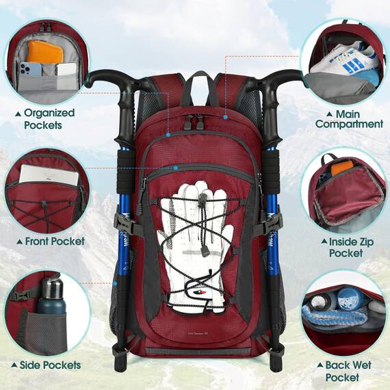 RAINSMORE Wanderrucksack Herren Damen 40L Wasserdichter Rucksack Leicht Groß Reiserucksack Trekkingrucksack mit Reflexstreifen Für Klettern Radfahren Bergsteigen Reisen Rot