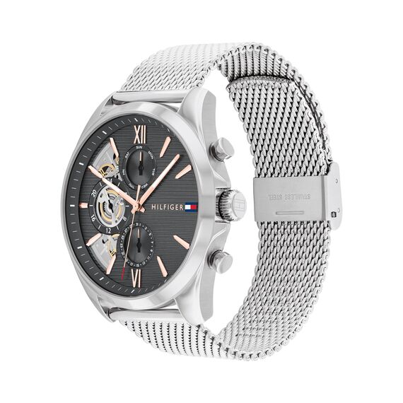 Tommy Hilfiger Multi Zifferblatt Quarz Uhr für Herren mit Silbernes Edelstahl-Mesh-Gliederarmband und Lederarmband