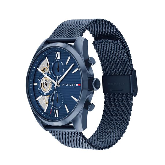 Tommy Hilfiger Multi Zifferblatt Quarz Uhr für Herren mit Blaues Edelstahl-Mesh-Gliederarmband - 1710648