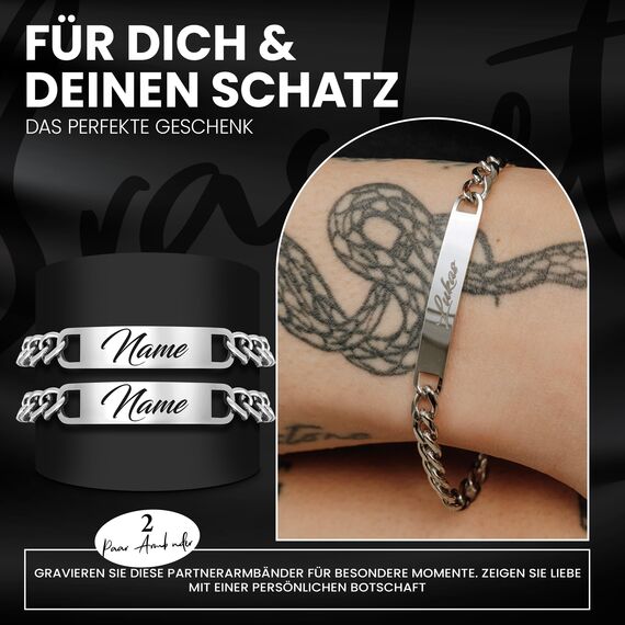 Armband mit Gravur |2 STÜCK | DAMEN&HERREN | Partnerarmbänder mit Gravur | Hochwertiges Pärchenarmband in Silber | Persönliche Namensgravur | Freundschaftsarmband