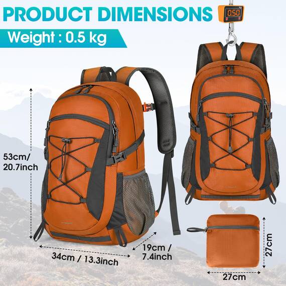 RAINSMORE Wanderrucksack Herren Damen 40L Wasserdichter Rucksack Leicht Groß Reiserucksack Trekkingrucksack mit Reflexstreifen Für Klettern Radfahren Bergsteigen Reisen Orange
