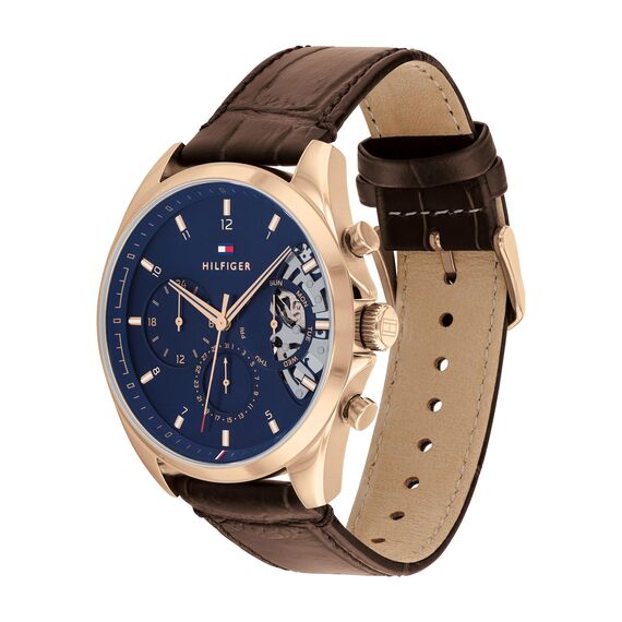 Tommy Hilfiger Multi Zifferblatt Quarz Uhr für Herren mit Dunkel-Braunes Lederarmband - 1710453