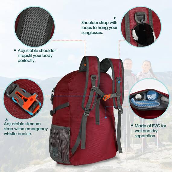 RAINSMORE Wanderrucksack Herren Damen 40L Wasserdichter Rucksack Leicht Groß Reiserucksack Trekkingrucksack mit Reflexstreifen Für Klettern Radfahren Bergsteigen Reisen Rot