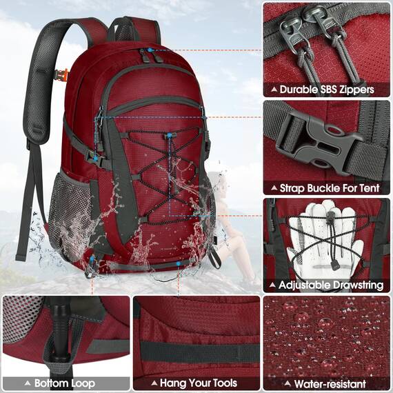 RAINSMORE Wanderrucksack Herren Damen 40L Wasserdichter Rucksack Leicht Groß Reiserucksack Trekkingrucksack mit Reflexstreifen Für Klettern Radfahren Bergsteigen Reisen Rot