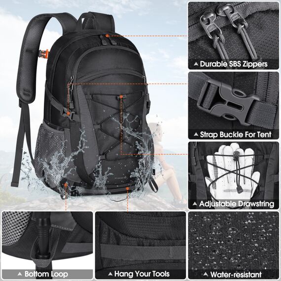 RAINSMORE Wanderrucksack Herren Damen 40L Wasserdichter Rucksack Leicht Groß Reiserucksack Trekkingrucksack mit Reflexstreifen Für Klettern Radfahren Bergsteigen Reisen Schwarz