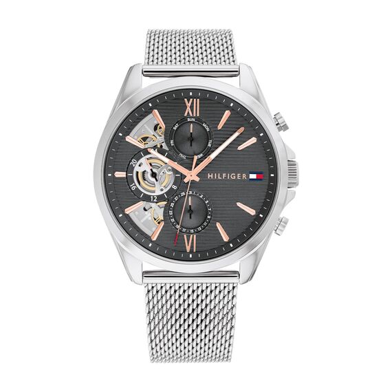 Tommy Hilfiger Multi Zifferblatt Quarz Uhr für Herren mit Silbernes Edelstahl-Mesh-Gliederarmband und Lederarmband