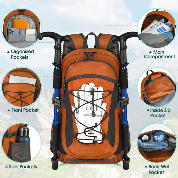 RAINSMORE Wanderrucksack Herren Damen 40L Wasserdichter Rucksack Leicht Groß Reiserucksack Trekkingrucksack mit Reflexstreifen Für Klettern Radfahren Bergsteigen Reisen Orange