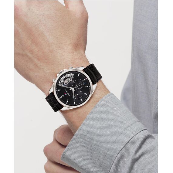 Tommy Hilfiger Multi Zifferblatt Quarz Uhr für Herren mit Schwarzes Lederarmband - 1710449