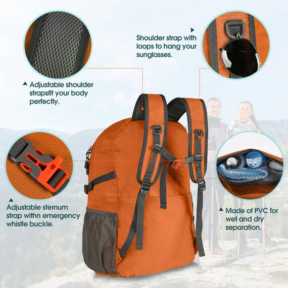 RAINSMORE Wanderrucksack Herren Damen 40L Wasserdichter Rucksack Leicht Groß Reiserucksack Trekkingrucksack mit Reflexstreifen Für Klettern Radfahren Bergsteigen Reisen Orange