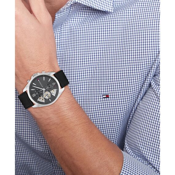 Tommy Hilfiger Multi Zifferblatt Quarz Uhr für Herren mit Schwarzes Lederarmband - 1710644