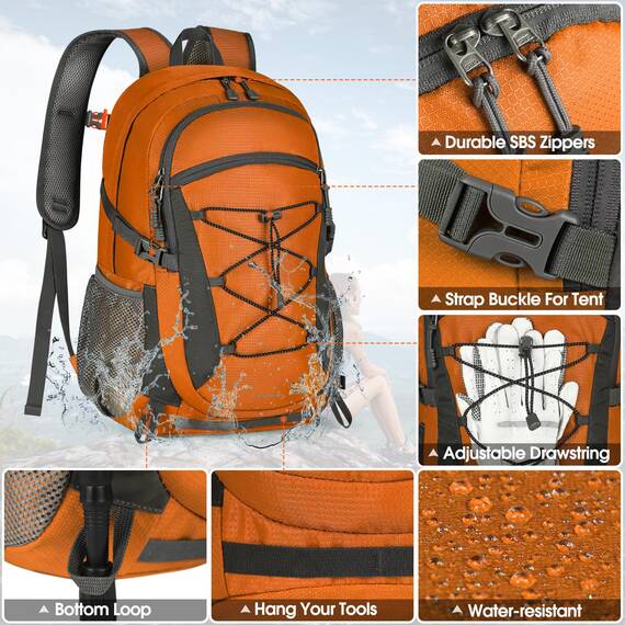 RAINSMORE Wanderrucksack Herren Damen 40L Wasserdichter Rucksack Leicht Groß Reiserucksack Trekkingrucksack mit Reflexstreifen Für Klettern Radfahren Bergsteigen Reisen Orange