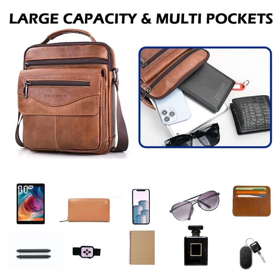 SPAHER Umhängetasche Leder Herren Herrentasche Schultertasche Echtes Leder Handgelenktasche Herren Schultertasche Crossbody Bag Messenger Bags Geschenk für Männer Braun