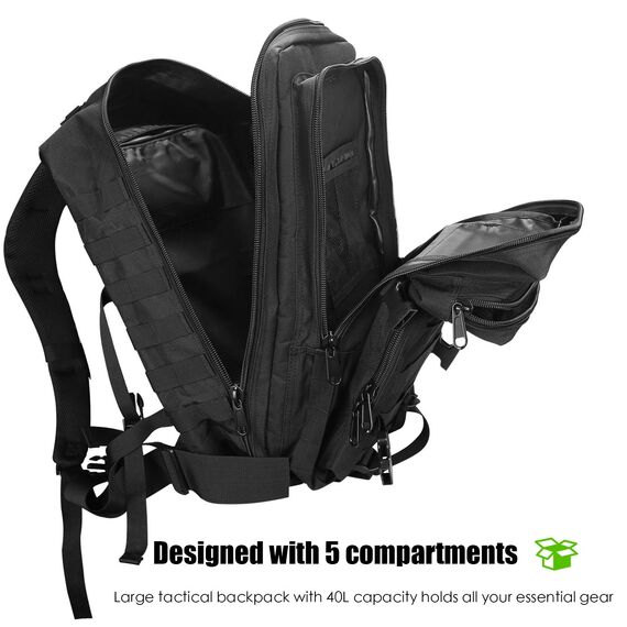 ProCase 40L Militär Taktische Rucksack, Große Kapazität 3 Tage Armee Assault Pack Bag Go Bag Rucksack für Wandern Jagd, Trekking und Camping und andere Outdoor Aktivitäten –Schwarz