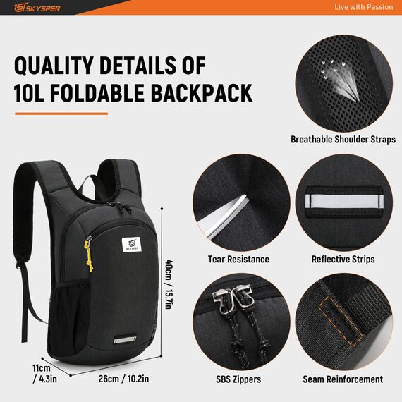 SKYSPER Faltbarer Rucksack 10L Klein Ultraleicht Tagesrucksäcke Wanderrucksack Reisenrucksack Trekkingrucksack Daypack für Wandern Reisen
