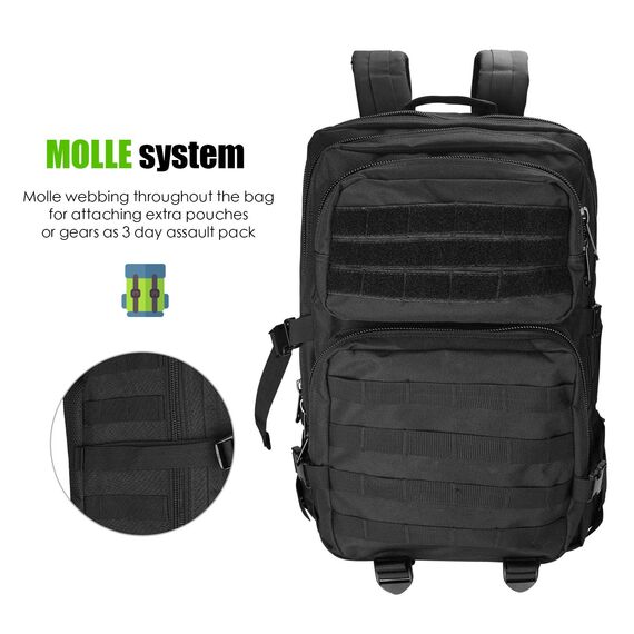 ProCase 40L Militär Taktische Rucksack, Große Kapazität 3 Tage Armee Assault Pack Bag Go Bag Rucksack für Wandern Jagd, Trekking und Camping und andere Outdoor Aktivitäten –Schwarz