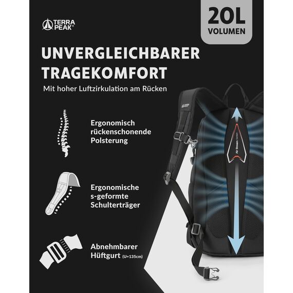 Terra Peak® Premium Wanderrucksack 20L (FLEX 20) Damen Herren & Erwachsene klein schwarz - Trekking-Rucksack wasserdicht - Daypack Rucksack & Tagesrucksack mit Trinksystem, Rückenbelüftung zum Wandern