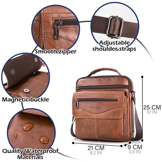 SPAHER Umhängetasche Leder Herren Herrentasche Schultertasche Echtes Leder Handgelenktasche Herren Schultertasche Crossbody Bag Messenger Bags Geschenk für Männer Braun