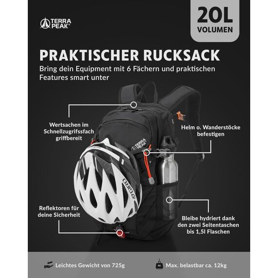 Terra Peak® Premium Wanderrucksack 20L (FLEX 20) Damen Herren & Erwachsene klein schwarz - Trekking-Rucksack wasserdicht - Daypack Rucksack & Tagesrucksack mit Trinksystem, Rückenbelüftung zum Wandern