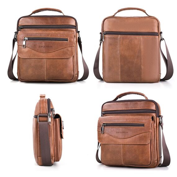 SPAHER Umhängetasche Leder Herren Herrentasche Schultertasche Echtes Leder Handgelenktasche Herren Schultertasche Crossbody Bag Messenger Bags Geschenk für Männer Braun