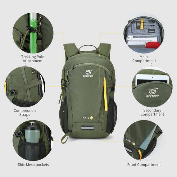 SKYSPER Leicht Wanderrucksack Klein Rucksack mit Rückenbelüftung Trekkingrucksack aus atmungsaktivem 3D Air Mesh Polyester Camping Outdoor Wandern Rucksack