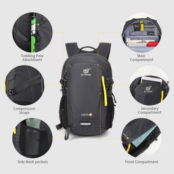 SKYSPER Leicht Wanderrucksack Klein Rucksack mit Rückenbelüftung Trekkingrucksack aus atmungsaktivem 3D Air Mesh Polyester Camping Outdoor Wandern Rucksack