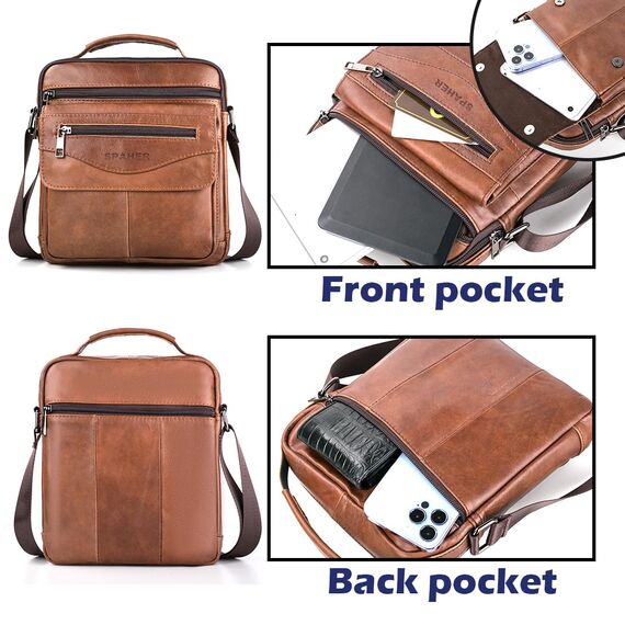 SPAHER Umhängetasche Leder Herren Herrentasche Schultertasche Echtes Leder Handgelenktasche Herren Schultertasche Crossbody Bag Messenger Bags Geschenk für Männer Braun