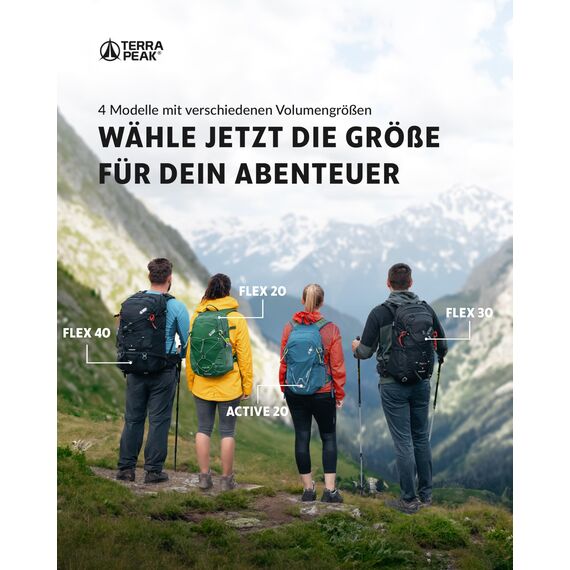 Terra Peak® Premium Wanderrucksack 20L (FLEX 20) Damen Herren & Erwachsene klein schwarz - Trekking-Rucksack wasserdicht - Daypack Rucksack & Tagesrucksack mit Trinksystem, Rückenbelüftung zum Wandern