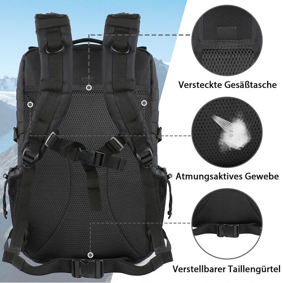 YOREPEK Großer Militär Rucksack Herren, 40L Outdoor Armee Wasserdicht Taktischer Bundeswehr Rucksäcke Molle Assault Survival Tactical Travel Backpack für Camping Trekking Wandern Reise Arbeit, Schwarz