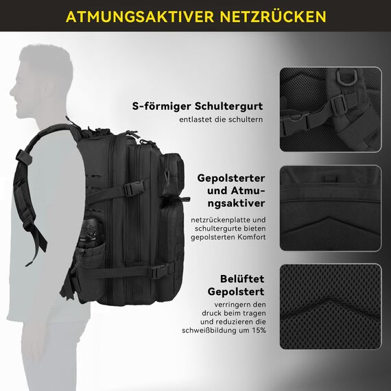 Zavothy Militär Rucksack 45L Rucksack Herren Damen, Wasserdicht Taktischer, Camping-Rucksack, Wanderrucksack, Outdoor Rucksack für Travel, Schule, Sport, Bushcraft (Schwarz 45L)