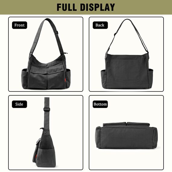 Captain Blues Canvas Messenger Bag Umhängetasche Crossbody Schulter Tote Hobo Bag für Frauen und Männer - Große Tasche mit mehreren Fächern (Schwarz)