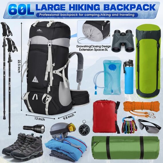 IGOLUMON Wanderrucksack 60L Herren Damen Trekkingrucksack Reiserucksack Großer Wasserdicht Wandern Rucksack mit Regenhülle für Camping Trekking Mountainering Outdoor Reisen Schwarz