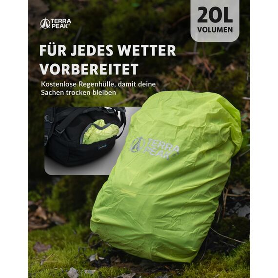 Terra Peak® Premium Wanderrucksack 20L (FLEX 20) Damen Herren & Erwachsene klein schwarz - Trekking-Rucksack wasserdicht - Daypack Rucksack & Tagesrucksack mit Trinksystem, Rückenbelüftung zum Wandern