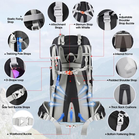 IGOLUMON Wanderrucksack 60L Herren Damen Trekkingrucksack Reiserucksack Großer Wasserdicht Wandern Rucksack mit Regenhülle für Camping Trekking Mountainering Outdoor Reisen Schwarz