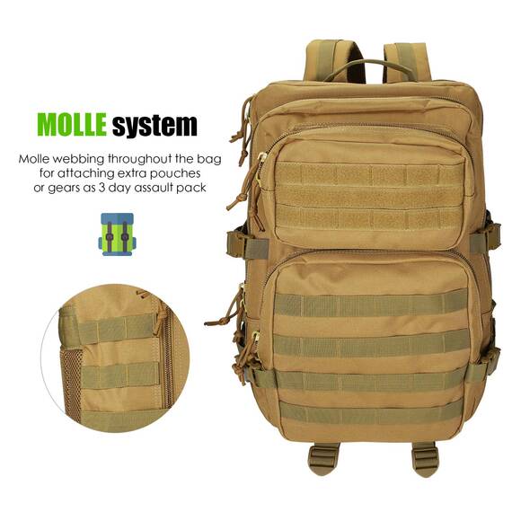 ProCase 40L Militär Taktische Rucksack, Große Kapazität 3 Tage Armee Assault Pack Bag Go Bag Rucksack für Wandern Jagd, Trekking und Camping und andere Outdoor Aktivitäten –Khaki