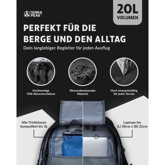 Terra Peak® Premium Wanderrucksack 20L (FLEX 20) Damen Herren & Erwachsene klein schwarz - Trekking-Rucksack wasserdicht - Daypack Rucksack & Tagesrucksack mit Trinksystem, Rückenbelüftung zum Wandern