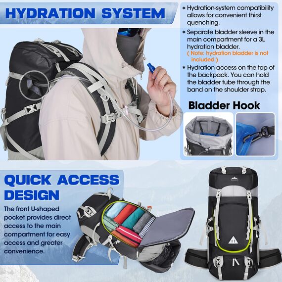 IGOLUMON Wanderrucksack 60L Herren Damen Trekkingrucksack Reiserucksack Großer Wasserdicht Wandern Rucksack mit Regenhülle für Camping Trekking Mountainering Outdoor Reisen Schwarz