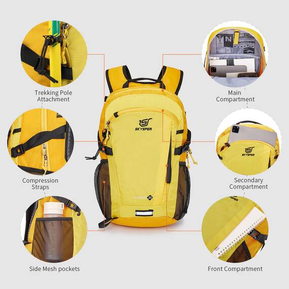 SKYSPER Leicht Wanderrucksack Klein Rucksack mit Rückenbelüftung Trekkingrucksack aus atmungsaktivem 3D Air Mesh Polyester Camping Outdoor Wandern Rucksack