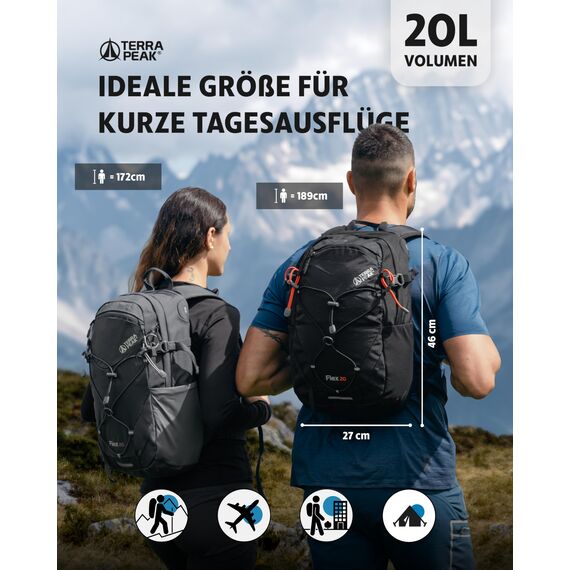 Terra Peak® Premium Wanderrucksack 20L (FLEX 20) Damen Herren & Erwachsene klein schwarz - Trekking-Rucksack wasserdicht - Daypack Rucksack & Tagesrucksack mit Trinksystem, Rückenbelüftung zum Wandern
