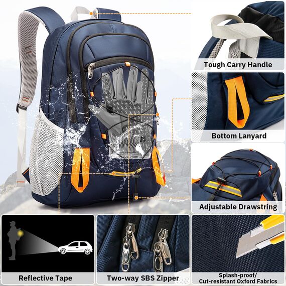 Petfu Wanderrucksack 40L Rucksack Herren groß Damen Wasserdichter Rucksack Wasserdicht Reiserucksack Trekkingrucksack mit Reflexstreifen Für Wandern, Radfahren, Klettern, Bergsteigen und Reisen Sport
