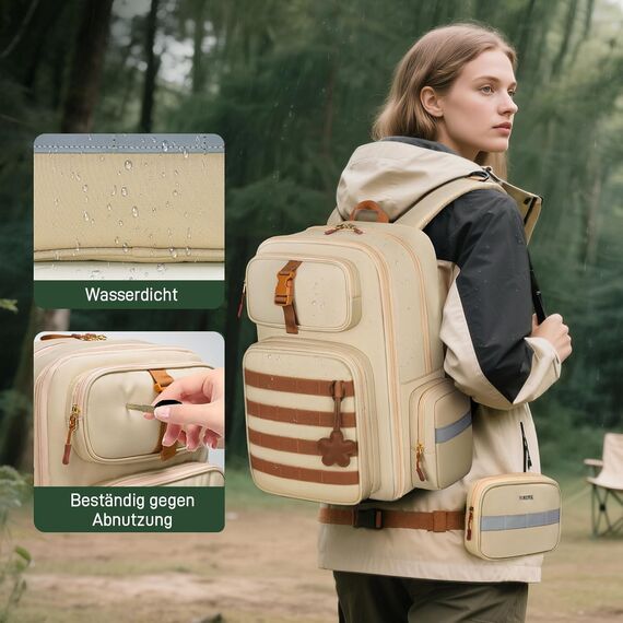 YOREPEK Taktischer Rucksack, 24L-30L Erweiterbar Wanderrucksack damen, Wasserabweisend und Laptopfach für 15,6 Zoll, Rucking Rucksack mit Abnehmbarer Hüfttasche für Wander, Outdoor, Mandelbraun