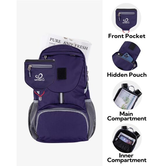 WATERFLY Ultraleicht Faltbar Klein Rucksack: 20L Leicht Packable Wanderrucksack Tagesrucksack Trekkingrucksack Outdoor Sportlich Backpack Travel Daypack für Herren Damen (Blau-Lila)