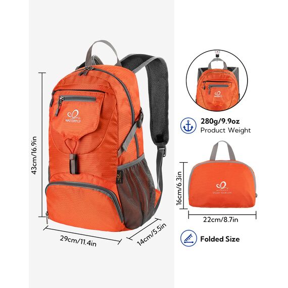 WATERFLY Ultraleicht Faltbar Klein Rucksack: 20L Leicht Packable Wanderrucksack Tagesrucksack Trekkingrucksack Outdoor Sportlich Backpack Travel Daypack für Herren Damen