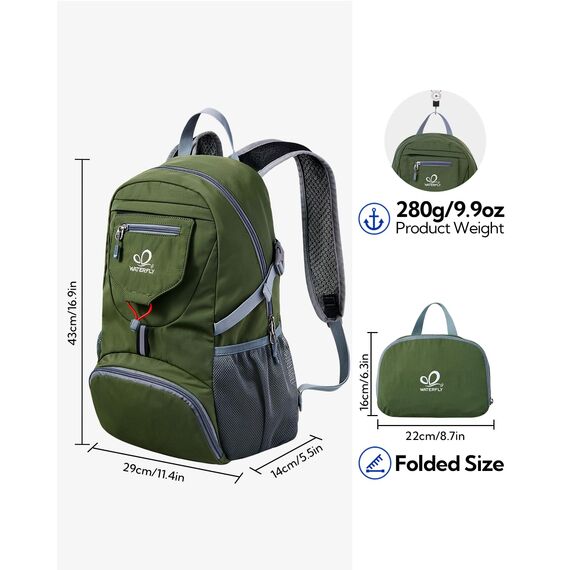 WATERFLY Ultraleicht Faltbar Klein Rucksack: 20L Leicht Packable Wanderrucksack Tagesrucksack Trekkingrucksack Outdoor Sportlich Backpack Travel Daypack für Herren Damen (Armeegrün)