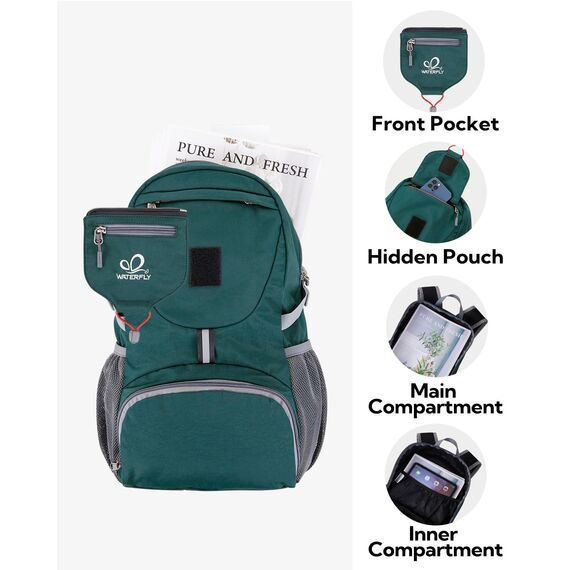 WATERFLY Ultraleicht Faltbar Klein Rucksack: 20L Leicht Packable Wanderrucksack Tagesrucksack Trekkingrucksack Outdoor Sportlich Backpack Travel Daypack für Herren Damen (Dunkelgrün)